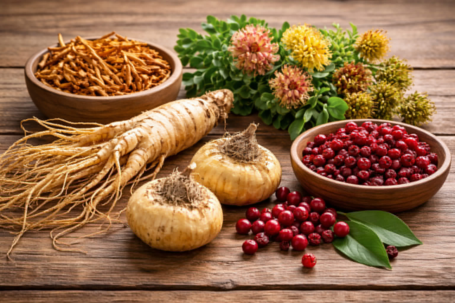 Koostisosad paljudes taimsetes seksuaalset võimendavates ainetes: Ginseng, Cordyceps, Rhodiola, Schisandra ja Maca.